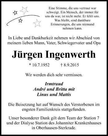 Traueranzeige von Jürgen Ingenwerth von Wochen-Anzeiger Oberhausen