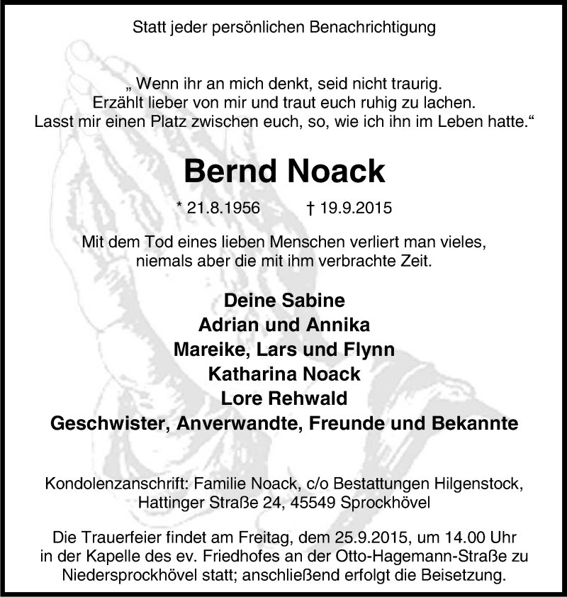  Traueranzeige für Bernd Noack vom 23.09.2015 aus Stadtspiegel Hattingen/Niedersprockhövel