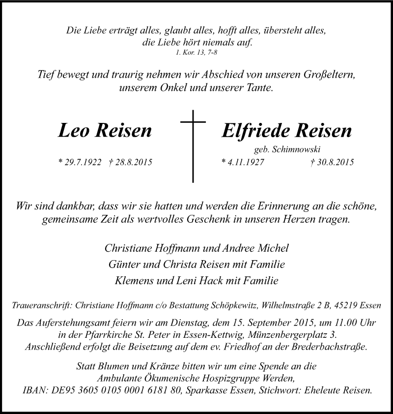  Traueranzeige für Leo und Elfriede Reisen vom 09.09.2015 aus Kettwig Kurier
