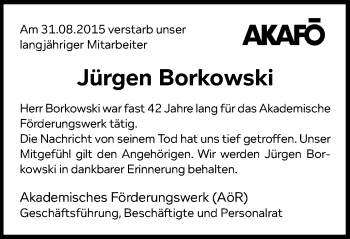 Traueranzeige von Jürgen Borkowski von Stadtspiegel Bochum + Wattenscheid