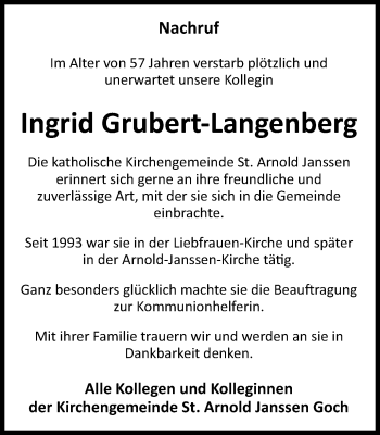 Traueranzeige von Ingrid Grubert-Langenberg von Gocher Wochenblatt