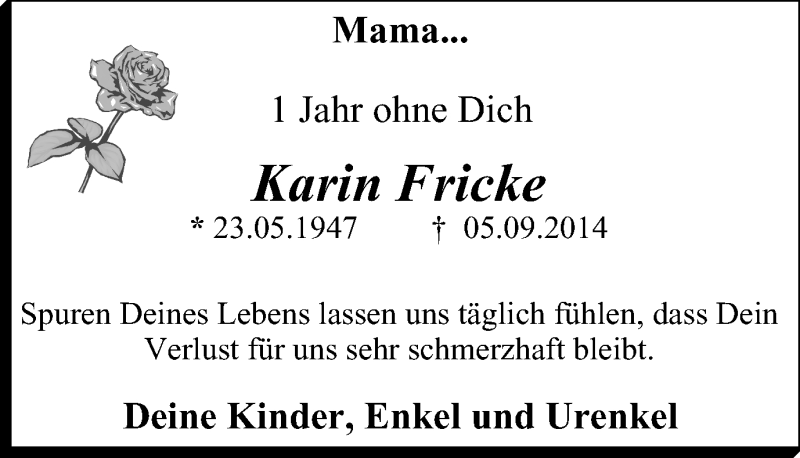  Traueranzeige für Karin Fricke vom 05.09.2015 aus Lüner Anzeiger