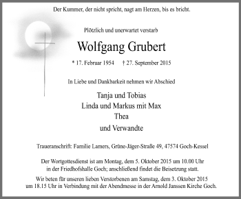 Traueranzeige von Wolfgang Grubert von Gocher Wochenblatt