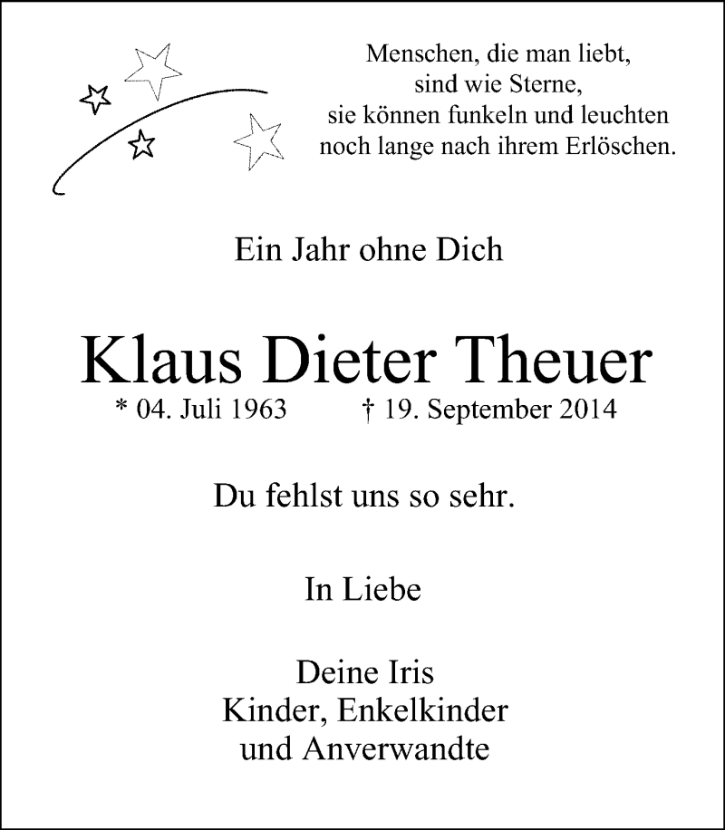  Traueranzeige für Klaus Dieter Theuer vom 19.09.2015 aus Wochen-Anzeiger Oberhausen