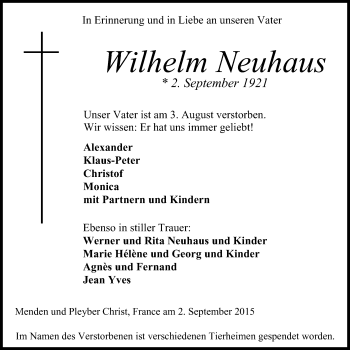 Traueranzeige von Wilhelm Neuhaus von Stadtspiegel Menden + Froendenberg