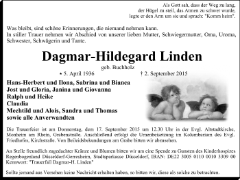 Traueranzeige von Dagmar-Hildegard Linden von Wochen-Anzeiger Langenfeld/Monheim/Hilden