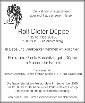 Traueranzeige von Rolf Dieter Düppe von Stadtspiegel Bottrop