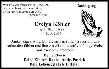 Traueranzeige von Evelyn Köhler von Stadtanzeiger Velbert + Heiligenhaus