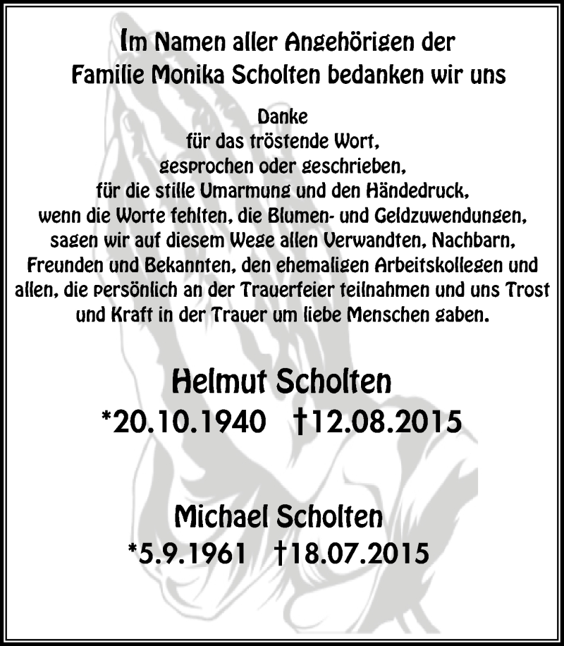  Traueranzeige für Helmut Scholten vom 09.09.2015 aus Der Weseler + Der Xantener