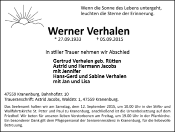 Traueranzeige von Werner Verhalen von Klever + Gocher Wochenblatt