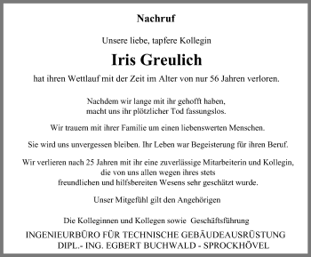 Traueranzeige von Iris Greulich von Stadtspiegel Hattingen/Niedersprockhövel