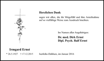 Traueranzeige von Irmgard Ernst von Stadtspiegel Iserlohn + Hemer