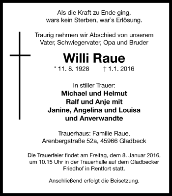 Traueranzeige von Willi Raue von Stadtspiegel Gladbeck