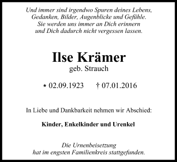 Traueranzeige von Ilse Krämer von Wochen-Anzeiger Oberhausen