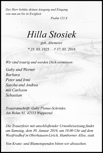 Traueranzeige von Hilla Stosiek von Wochen-Anzeiger Oberhausen
