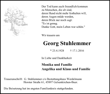 Traueranzeige von Georg Stuhlemmer von Stadtspiegel Gelsenkirchen