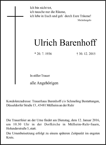 Traueranzeige von Ulrich Barenhoff von Mülheimer Woche