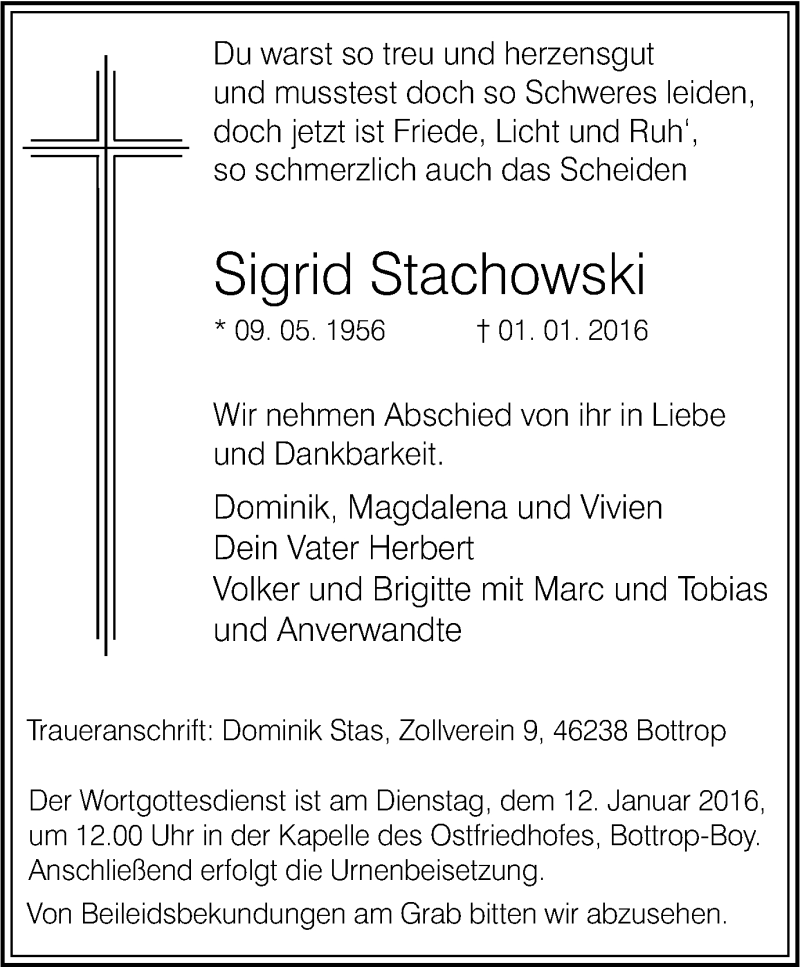  Traueranzeige für Sigrid Stachowski vom 06.01.2016 aus Stadtspiegel Bottrop