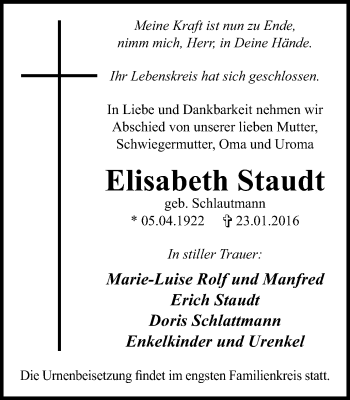 Traueranzeige von Elisabeth Staudt von Wochen-Anzeiger Oberhausen