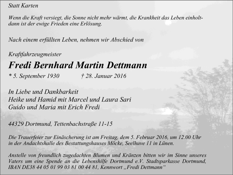  Traueranzeige für Fredi Bernhard Martin Dettmann vom 30.01.2016 aus Stadtanzeiger Dortmund