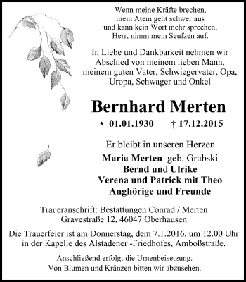 Traueranzeige von Bernhard Merten von Wochen-Anzeiger Oberhausen