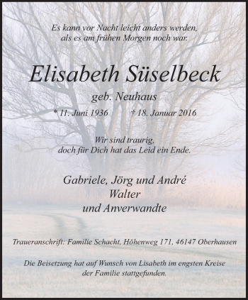 Traueranzeige von Elisabeth Süselbeck von Wochen-Anzeiger Oberhausen