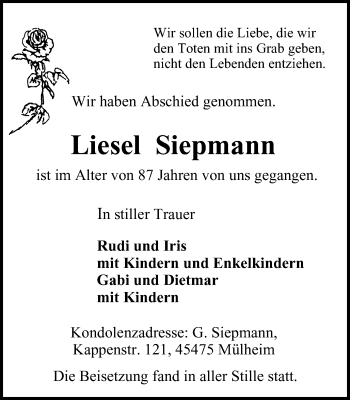 Traueranzeige von Liesel Siepmann von Mülheimer Woche