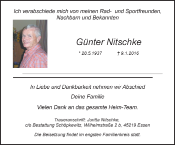 Traueranzeige von Günter Nitschke von Kettwig Kurier