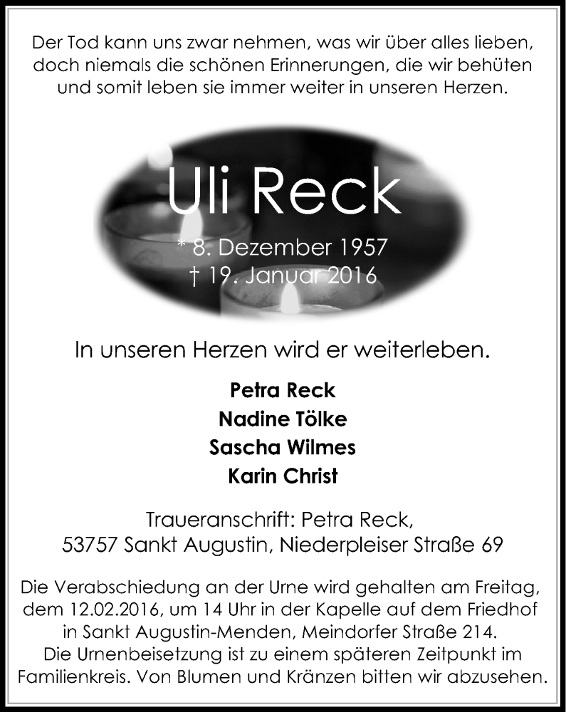  Traueranzeige für Uli Reck vom 30.01.2016 aus Mülheimer Woche