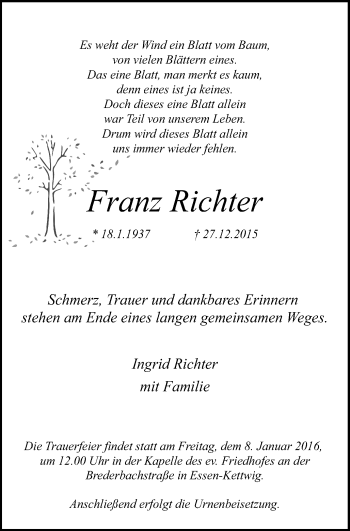 Traueranzeige von Franz Richter von Kettwig Kurier