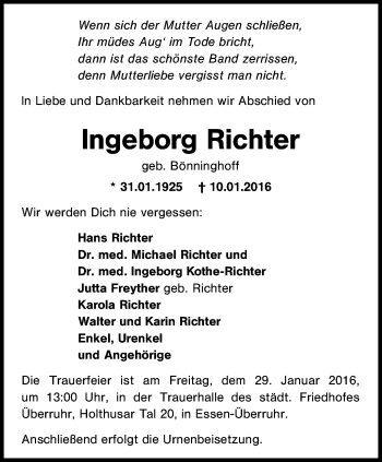 Traueranzeige von Ingeborg Richter von Ruhr Kurier
