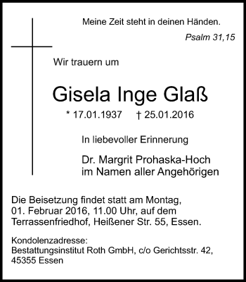 Traueranzeige von Gisela Inge Glaß von Borbeck Kurier
