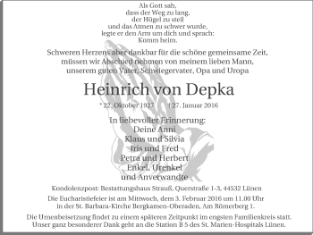 Traueranzeige von Heinrich von Depka von Lüner Anzeiger