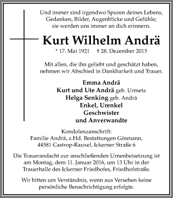 Traueranzeige von Kurt Wilhelm Andrä von Stadtanz.Castrop-Rauxel