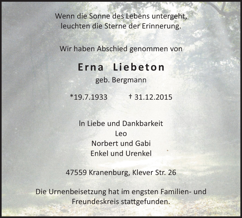 Traueranzeige für Erna Liebeton vom 13.01.2016 aus Klever Wochenblatt