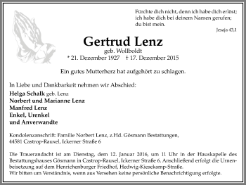 Traueranzeige von Gertrud Lenz von Stadtanz.Castrop-Rauxel