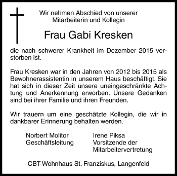 Traueranzeige von Gabi Kresken von Wochen-Anzeiger Langenfeld/Monheim/Hilden