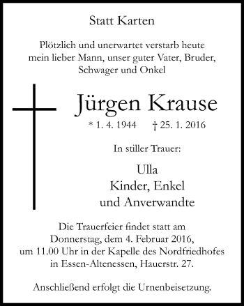 Traueranzeige von Jürgen Krause von Nord Anzeiger Essen