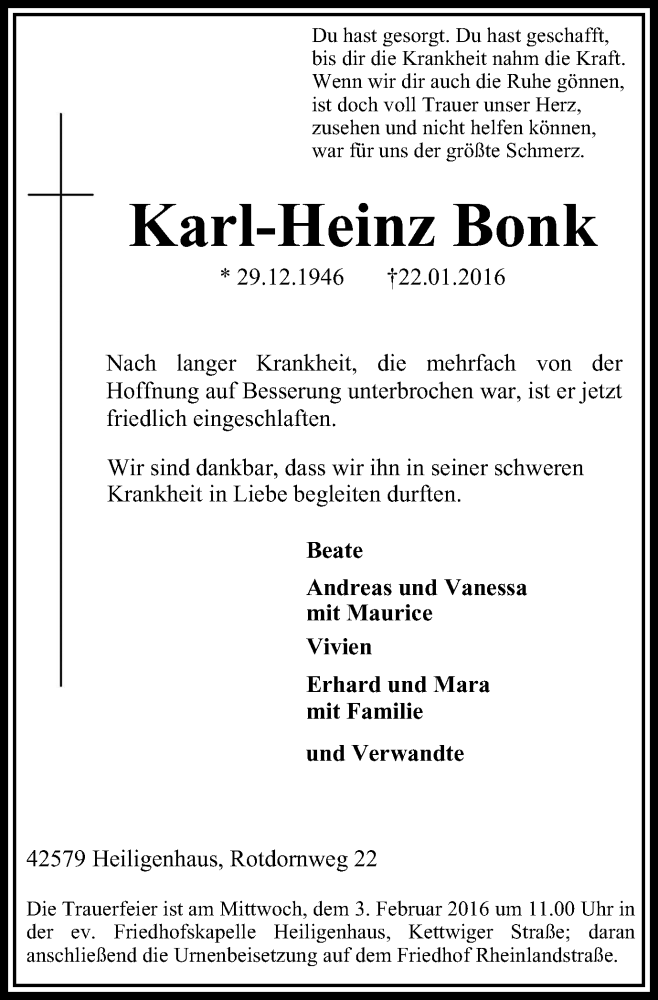  Traueranzeige für Karl-Heinz Bonk vom 30.01.2016 aus Stadtanzeiger Velbert + Heiligenhaus