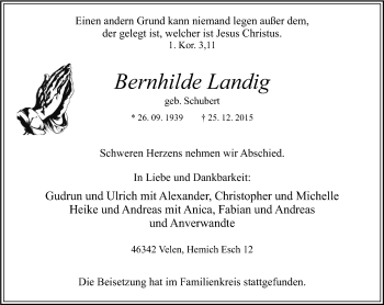 Traueranzeige von Bernhilde Landig von Stadtspiegel Bottrop
