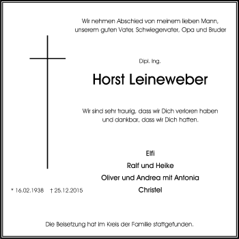 Traueranzeige von Horst Leineweber von Stadtspiegel Bottrop