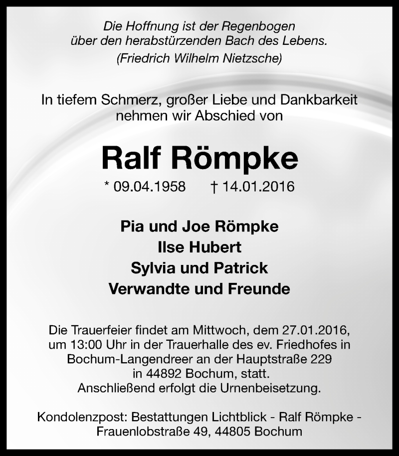  Traueranzeige für Ralf Römpke vom 23.01.2016 aus Stadtspiegel Bochum