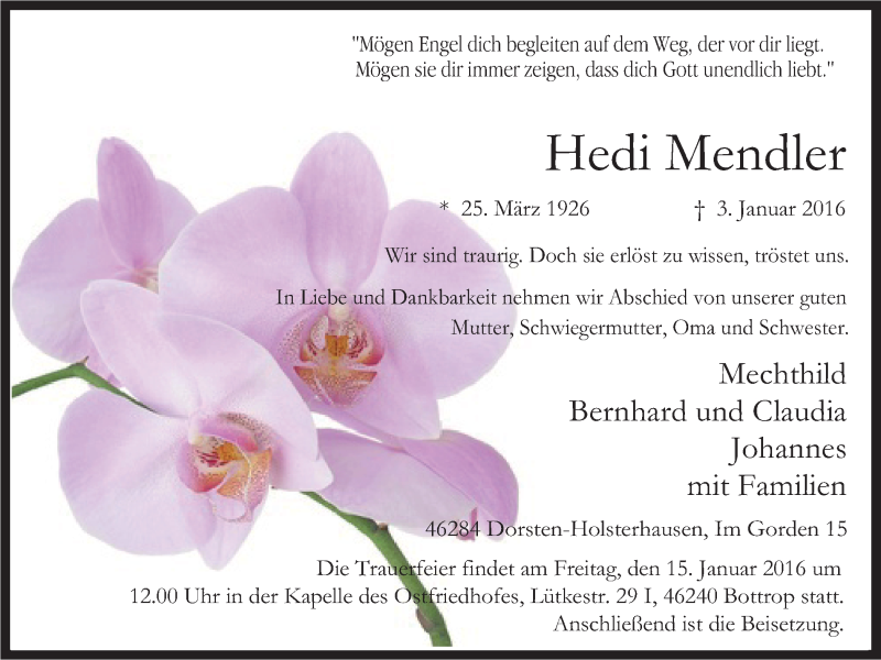  Traueranzeige für Hedi Mendler vom 09.01.2016 aus Stadtspiegel Bottrop