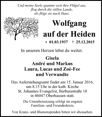 Traueranzeige von Wolfgang auf der Heiden von Wochen-Anzeiger Oberhausen