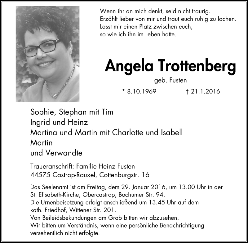  Traueranzeige für Angela Trottenberg vom 27.01.2016 aus Stadtanz.Castrop-Rauxel