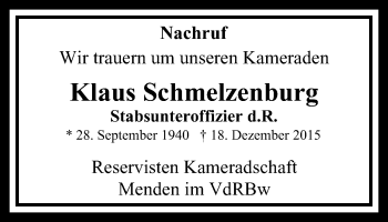 Traueranzeige von Klaus Schmelzenburg von Stadtspiegel Menden + Froendenberg