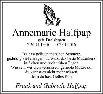 Traueranzeige von Annemarie Halfpap von Stadtspiegel Iserlohn + Hemer