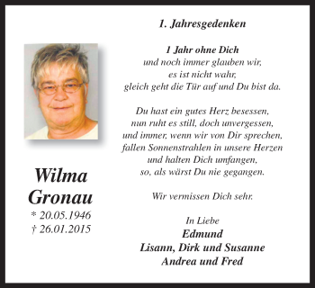 Traueranzeige von Wilma Gronau von Stadtspiegel Bottrop