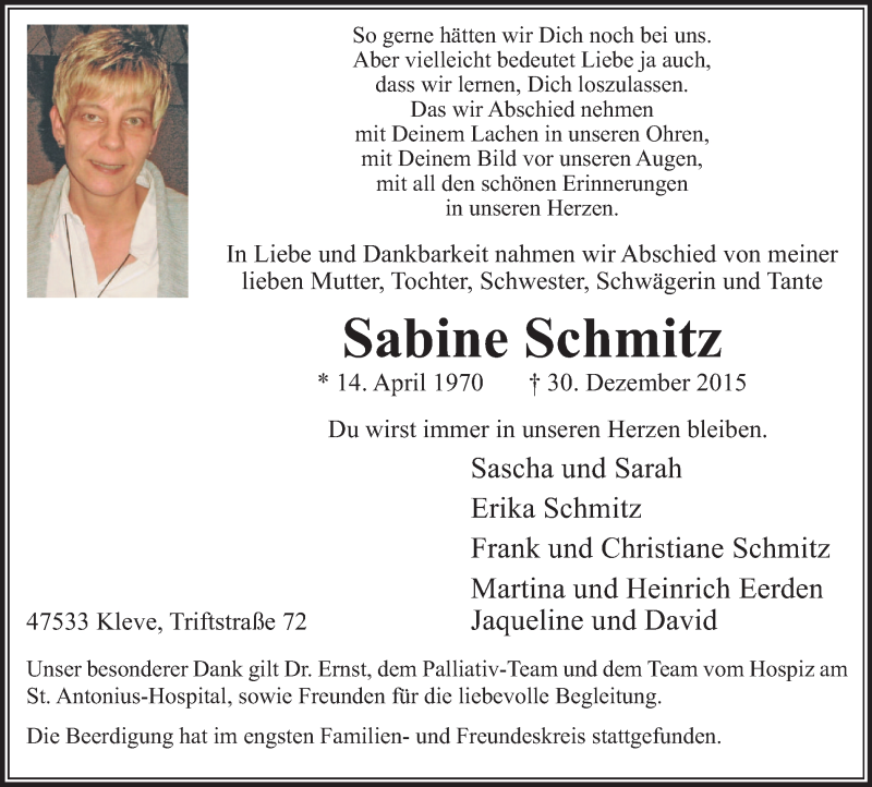  Traueranzeige für Sabine Schmitz vom 09.01.2016 aus Klever Wochenblatt