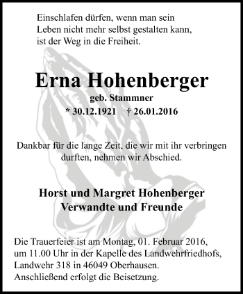 Traueranzeige von Erna Hohenberger von Wochen-Anzeiger Oberhausen